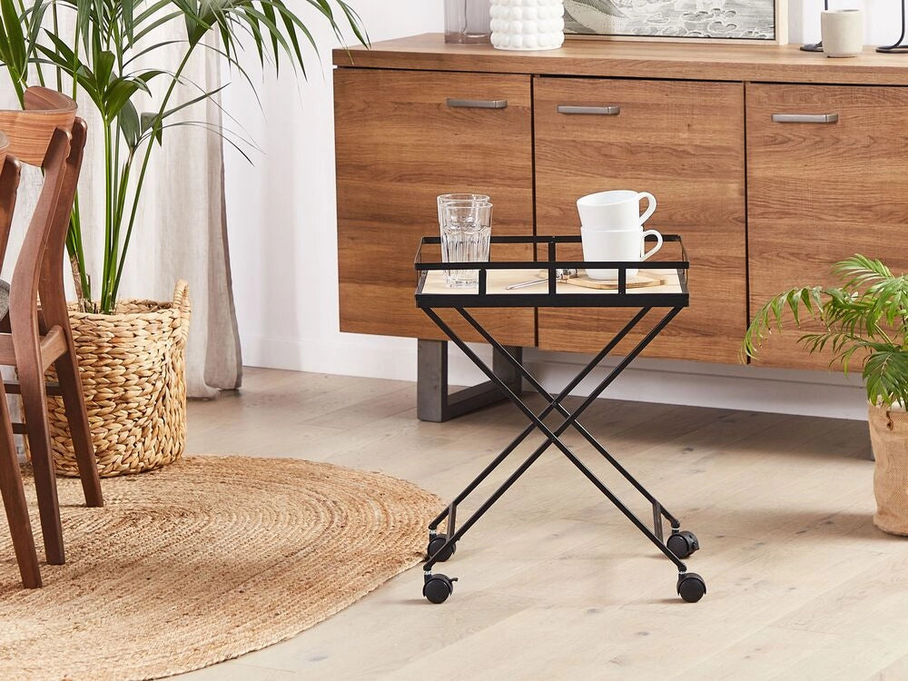 Carrello da Cucina in Metallo Nero 56 cm Costruzione Legno Chiaro Top Ruote Industriale Rustico Moderno