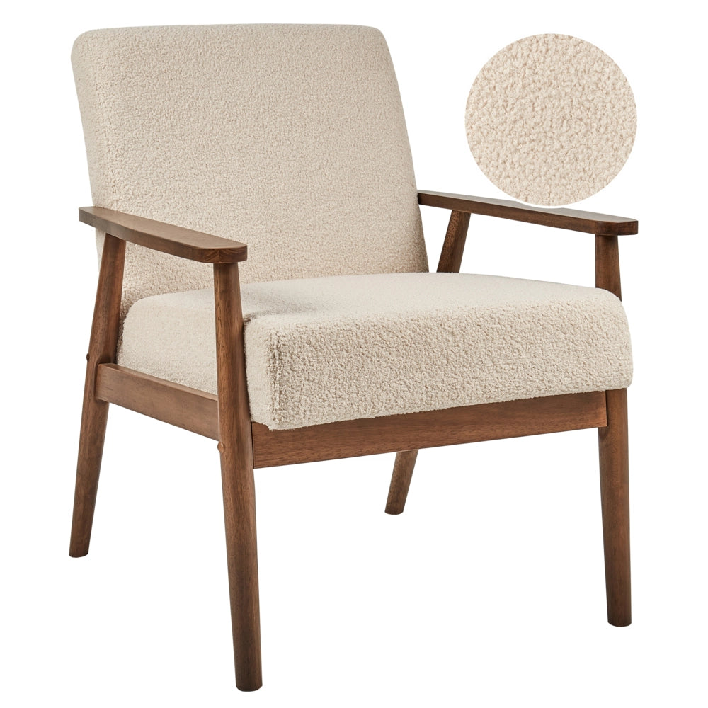 Poltrona da salotto con rivestimento in tessuto boucle beige con struttura in legno stile retrò