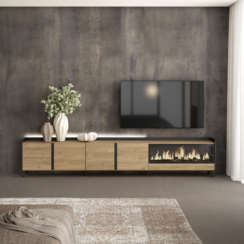 Mobile TV Soggiorno, 315x61x35 cm, Per TV fino a 80", Camino elettrico XXL, Design industriale, LED, Rovere e nero