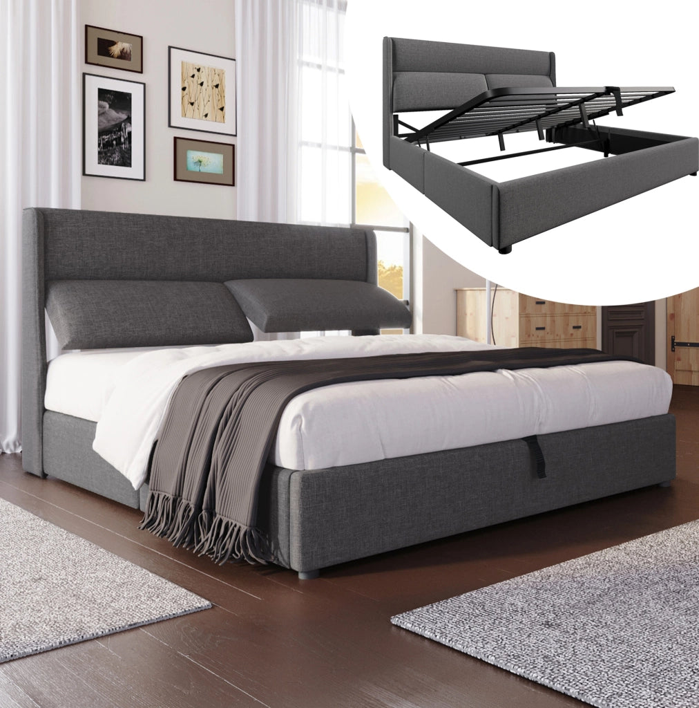 Letto matrimoniale contenitore 140x200 cm con testiera regolabile e materasso a molle; lino grigio