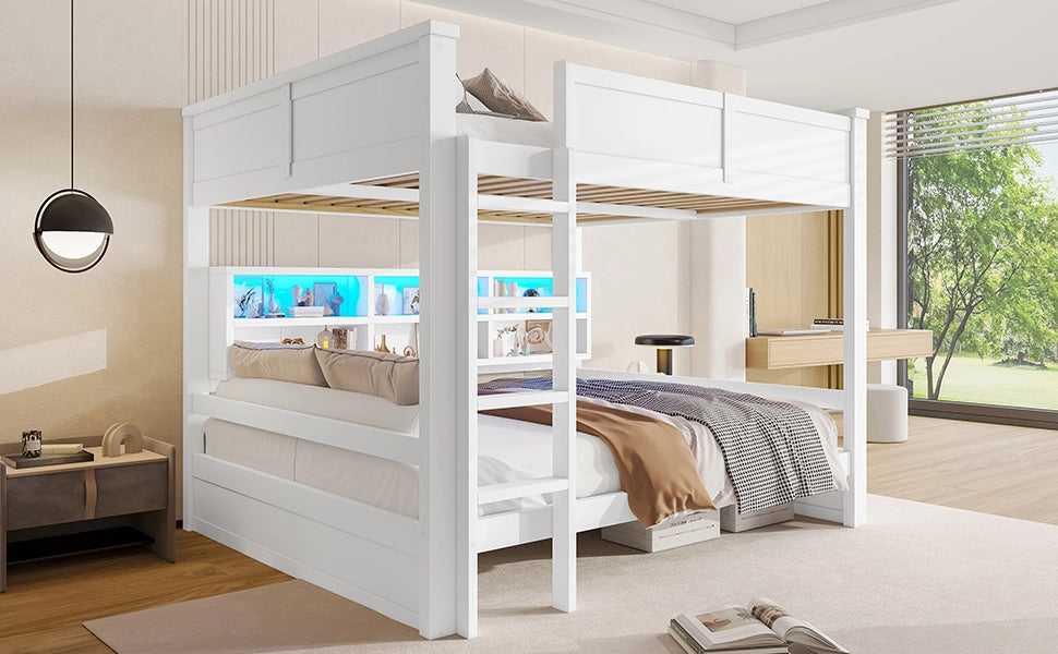 LETTO A CASTELLO 160x200 cm Bianco con 6 vani contenitori e luci LED