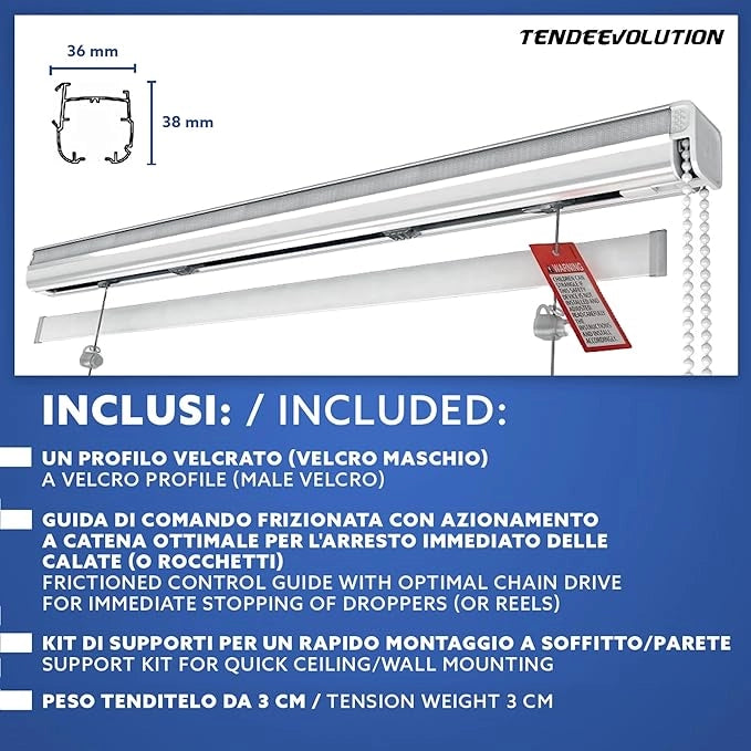 Binario Tenda a Pacchetto 2 Calate con cassone, Bastone Attacco Parete/Soffitto, Binario in Alluminio Bianco Lunghezza 80 CM Comando a destra