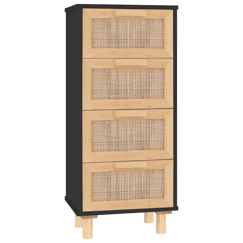 Credenza-Buffet-Armadio da cucina Nera 40x30x90 cm Legno Massello Pino e Rattan Naturale