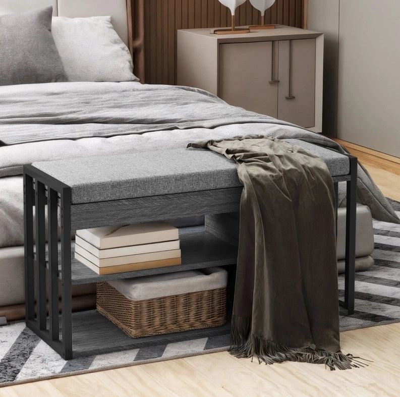 Panca portascarpe 86x30x45.4 cm con cuscino e 3 ripiani in legno grigio