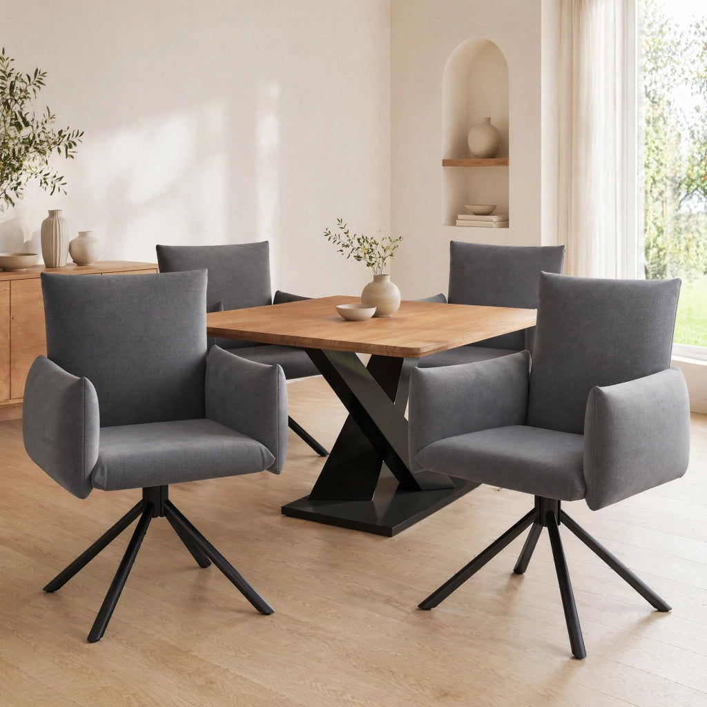 Set di 4 sedie girevoli imbottite in velluto grigio con braccioli e gambe in metallo