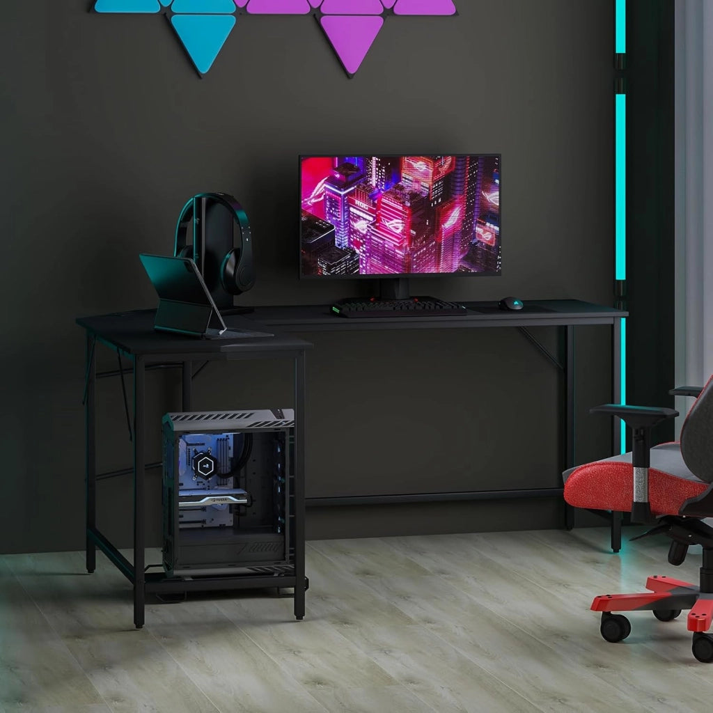 Scrivania Angolare Salvaspazio, Scrivania ad Angolo a Forma di L con Presa di Corrente, Supporto CPU e Telaio in Metallo Resistente, Scrivania per Computer da Casa e Ufficio (Nero)