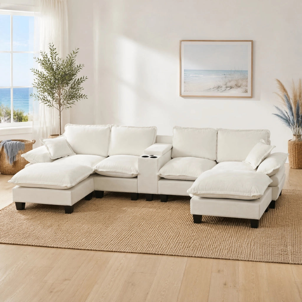 Divano panoramico a U modulare con contenitore portabicchieri USB e pouf removibile in chenille beige 362×151×90 cm