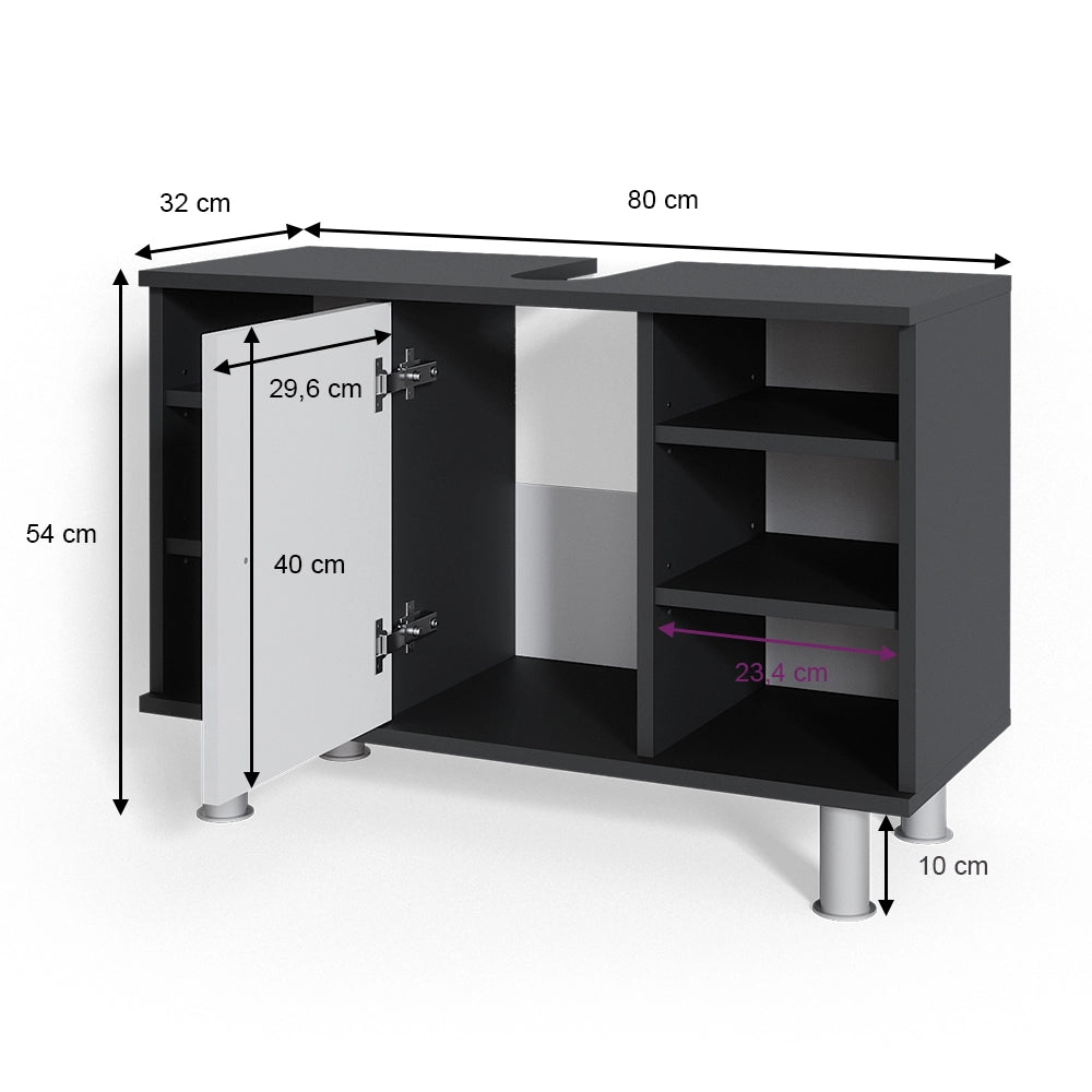 Mobiletto per lavabo Fynn Antracite/Bianco lucido 80 x 54 cm con 6 ripiani Vicco