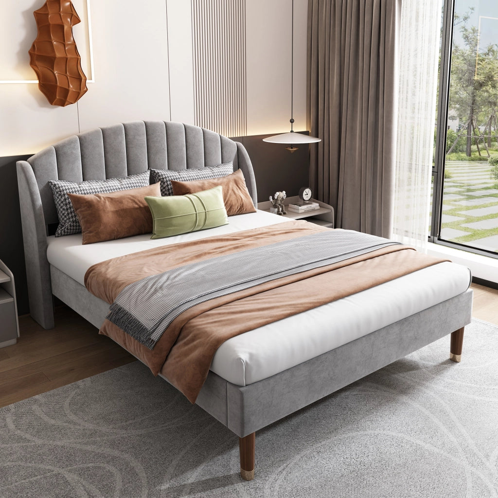 Letto imbottito matrimoniale con testiera imbottita e piedi da 20 cm, 160 × 200 cm, senza materasso, grigio