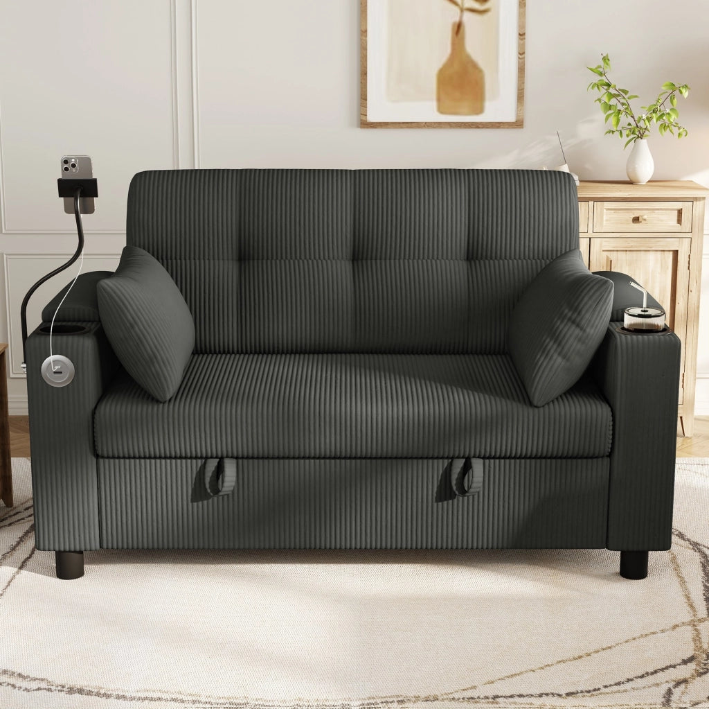 Divano 2 posti moderno in velluto a coste grigio con contenitore e porta USB/Type-C