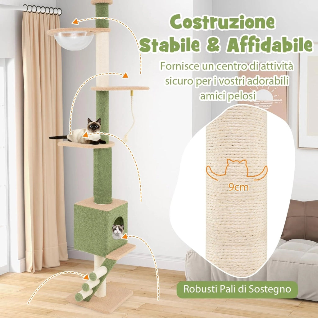 Tiragraffi per Gatti con Altezza Regolabile 218-253cm, Torre per Animali Domestici con 5 Livelli, Cordino, Pali in Sisal e Scala, Albero per Gatti, Verde
