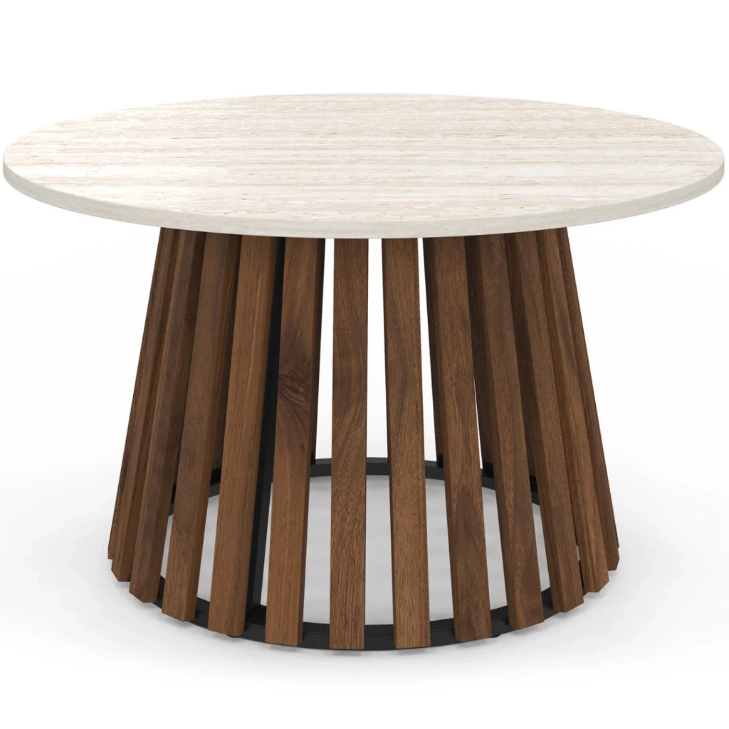 IDMarket - Tavolino rotondo CARMEN 70 cm con gambe in legno effetto noce e piano in travertino