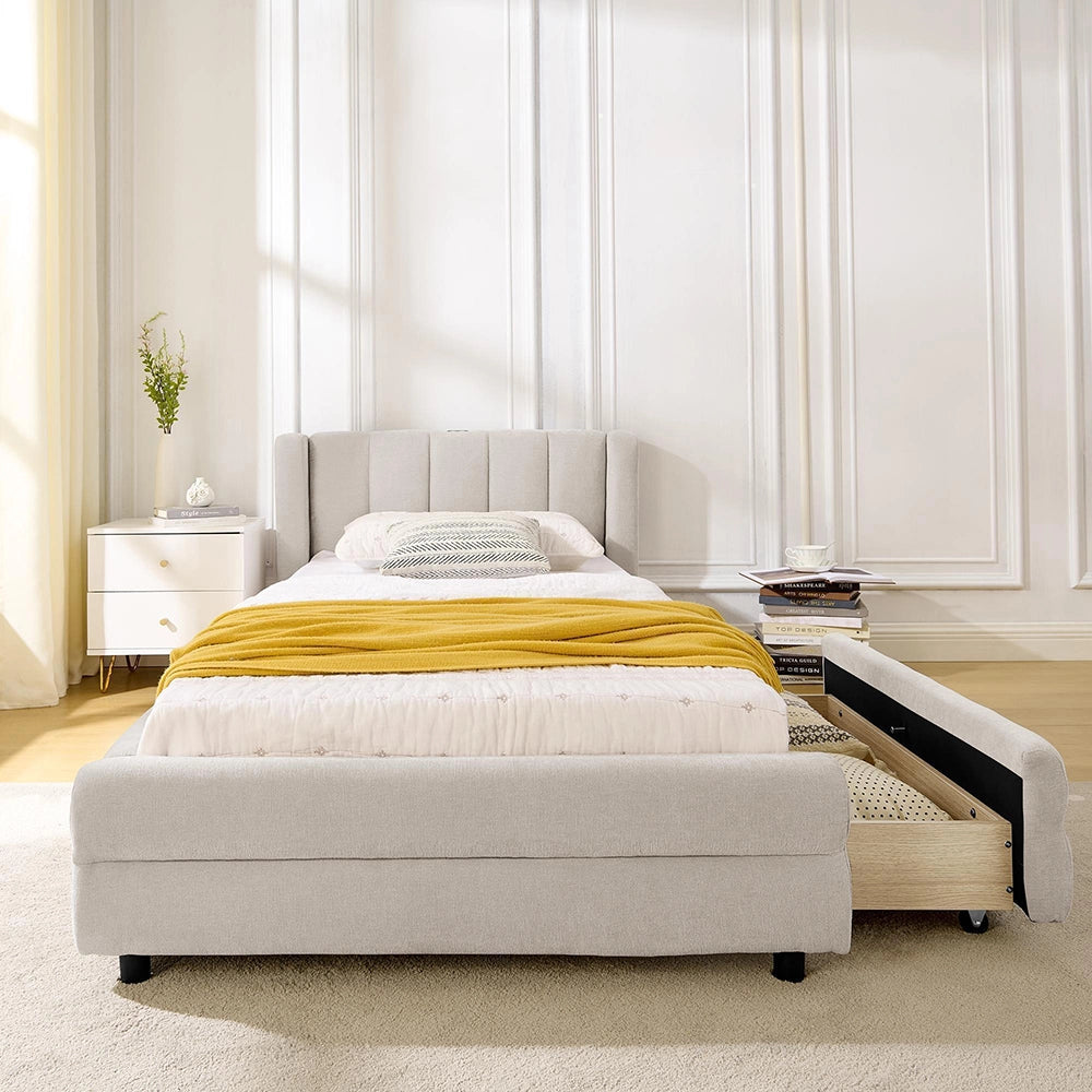 Letto singolo con cassetti - Xylo - 90x200 cm - Beige - Tessuto chenille, USB, design ergonomico
