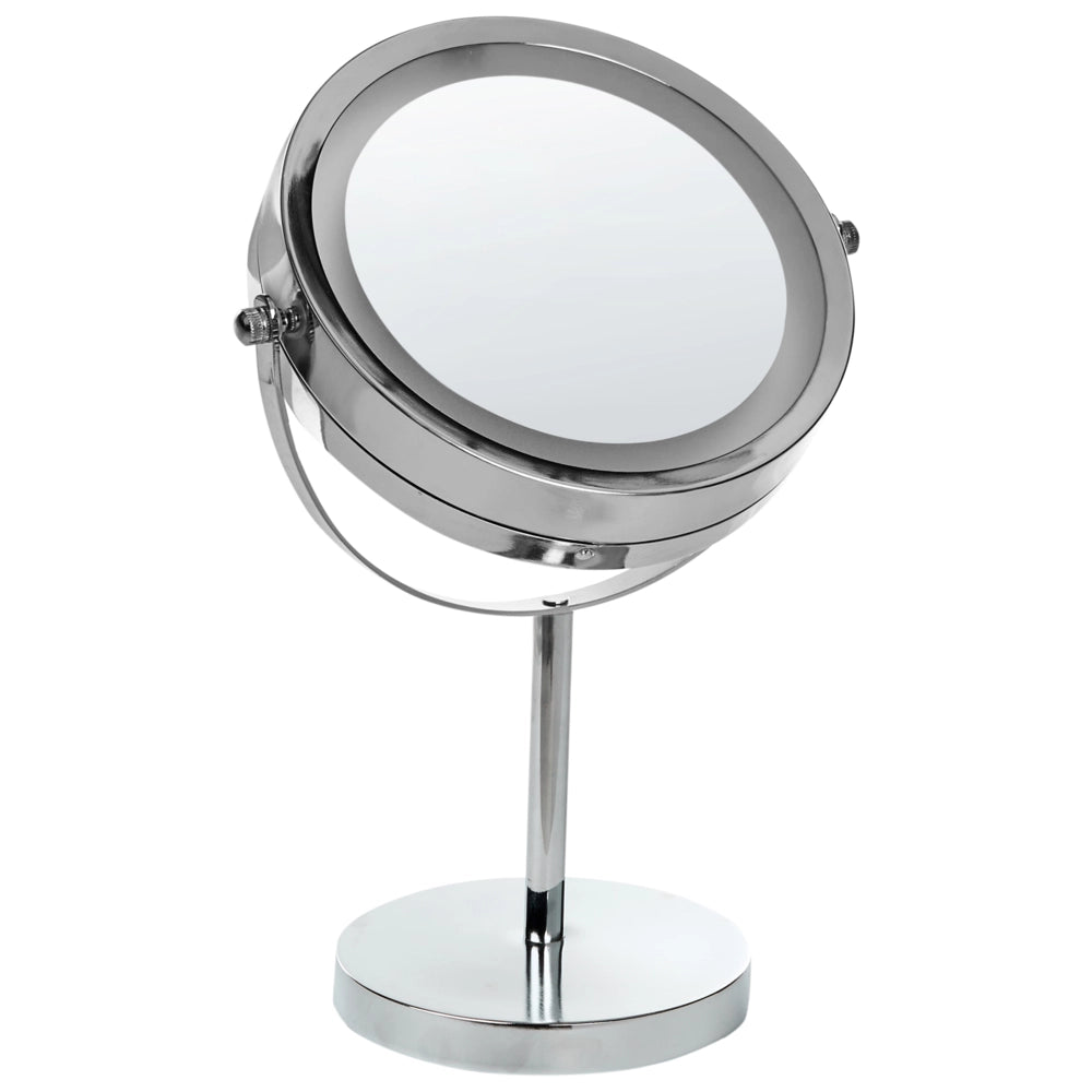 Specchio da tavolo illuminato in metallo argentato ø 20 cm con luci LED d'ingrandimento bifacciali