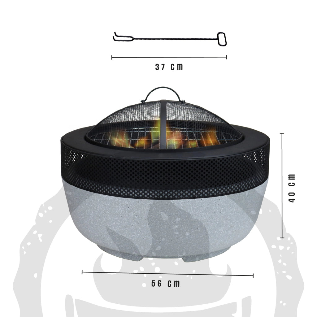 Braciere BBQ 2 in 1 da Esterno con Griglia – Focolare Rotondo in Acciaio e Pietra Naturale, 56 cm – Braciere a Legna con Coperchio Parascintille per Giardino e Terrazzo