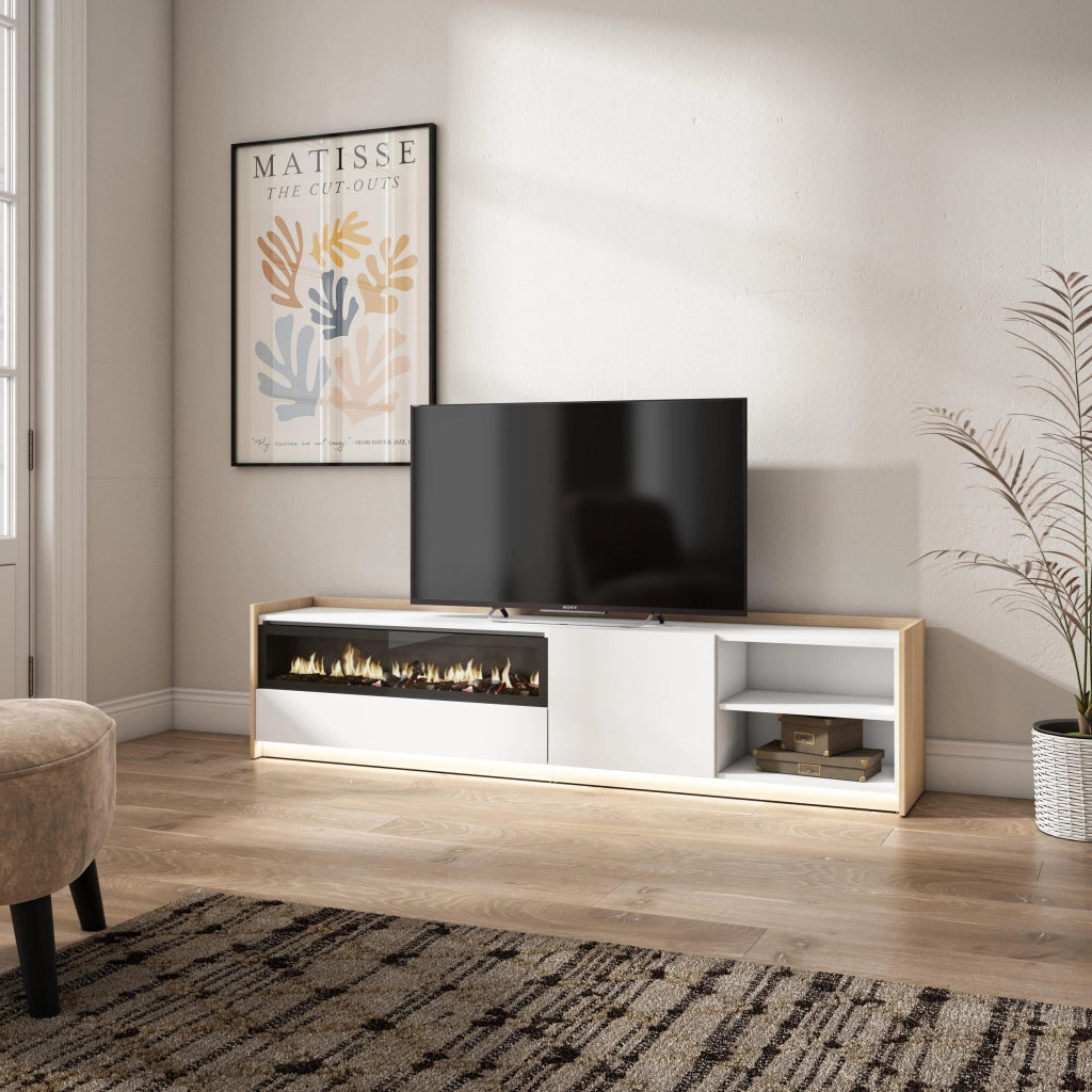 Mobile TV Soggiorno, 207x50x37 cm, Per TV fino a 80", Camino elettrico, LED, Bianco e Rovere soft