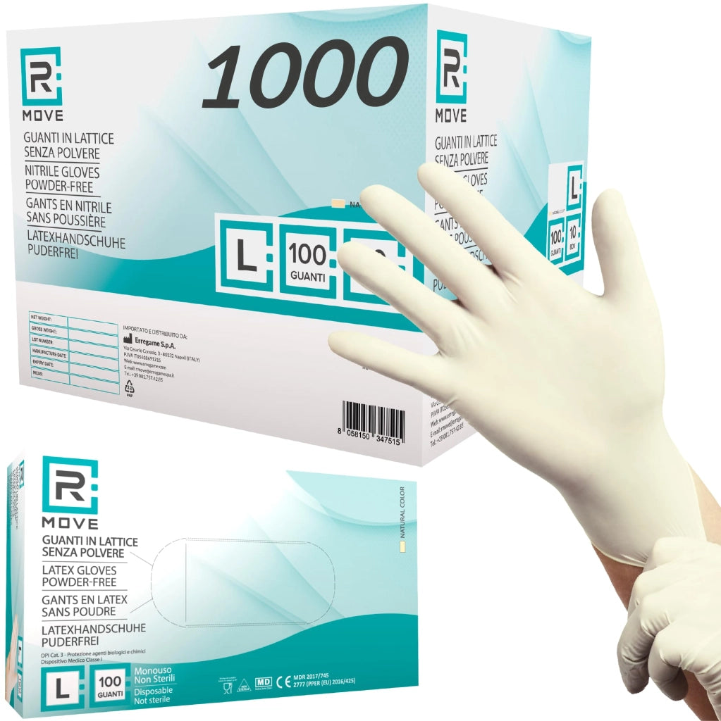 1000 guanti in Lattice monouso 5,7gr senza polvere, alta sensibilità sia al tatto che al palmo, guanti usa e getta in lattice, 10 scatole da 100 guanti, dispostivo medico (1000, L)