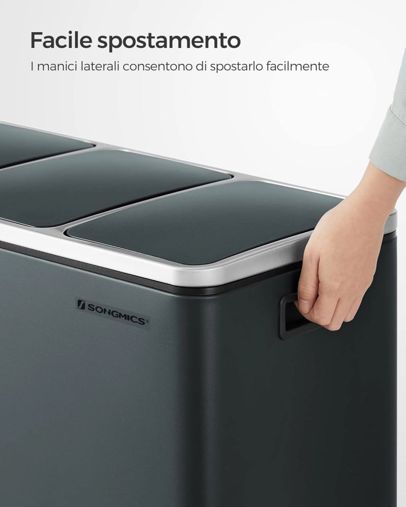 SONGMICS Cestino da Cucina, Pattumiera per Raccolta Differenziata 3 x 18L, 3 Scomparti per Riciclaggio, Coperchi a Chiusura Morbida, Pedali, Acciaio, Grigio Verdastro LTB54GS