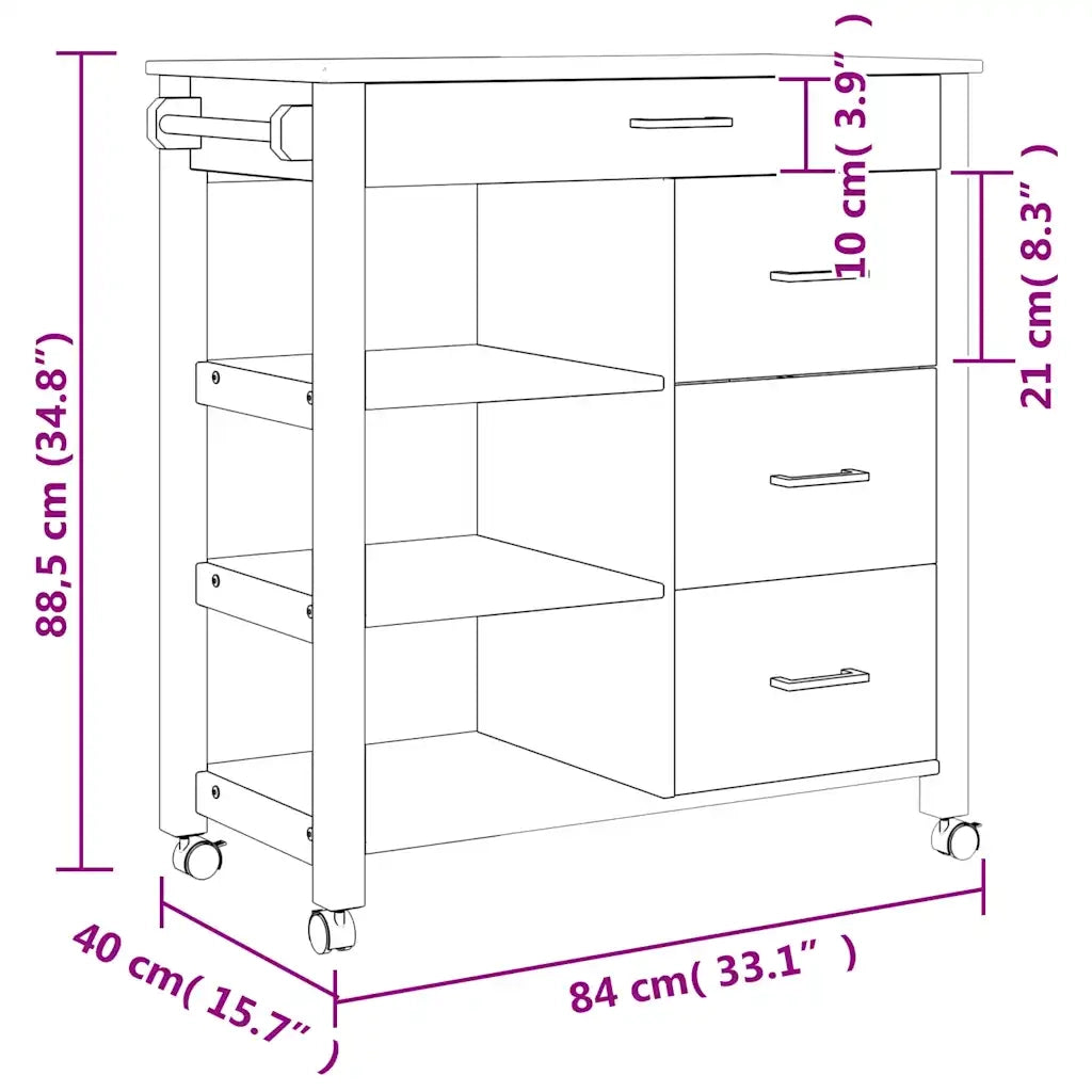 Carrello da Cucina MONZA 84x40x88,5 cm in Legno Massello di Pino 376113
