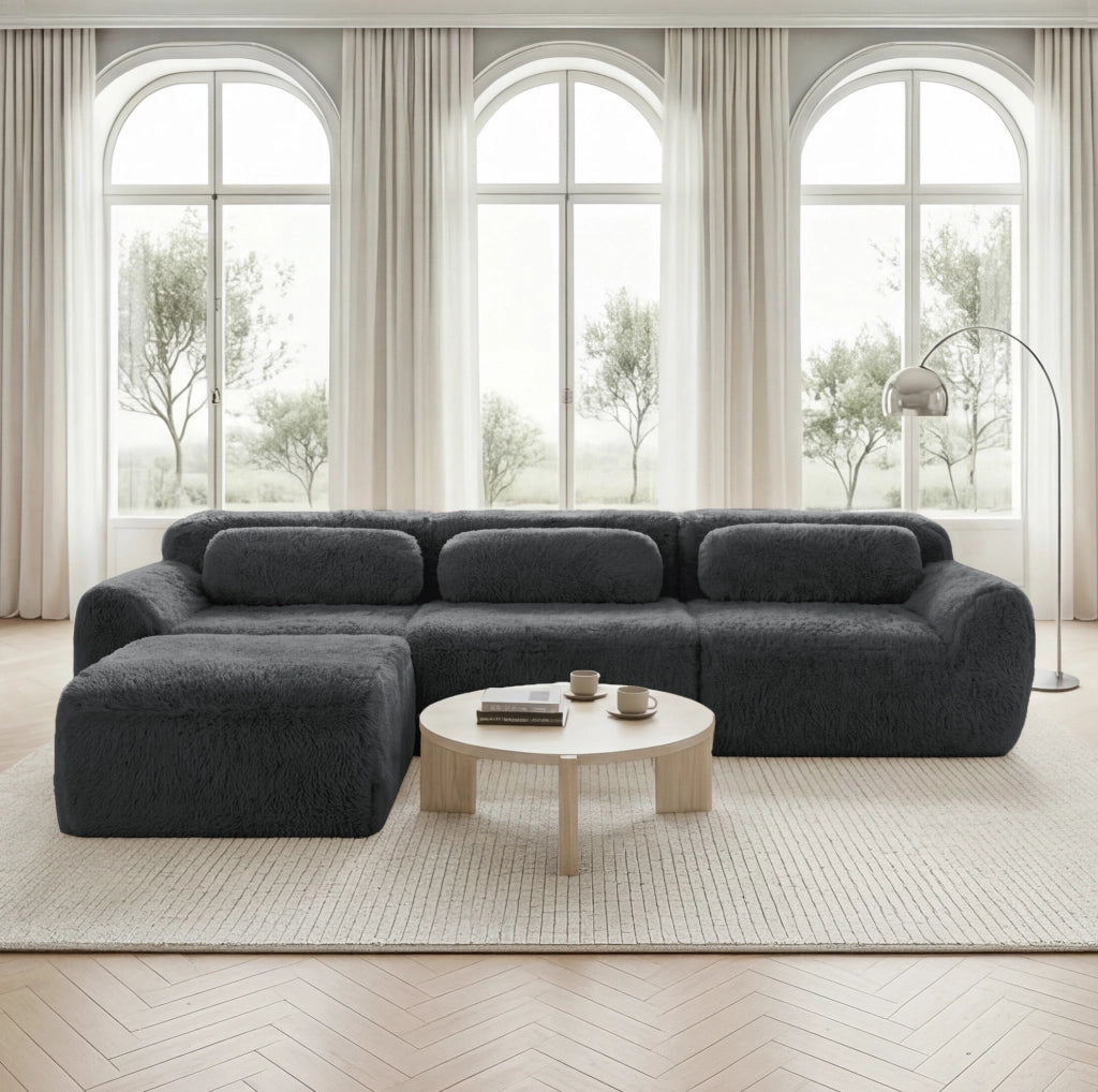 Divano modulare angolare a L 291x179x73 cm in tessuto peluche grigio; senza montaggio