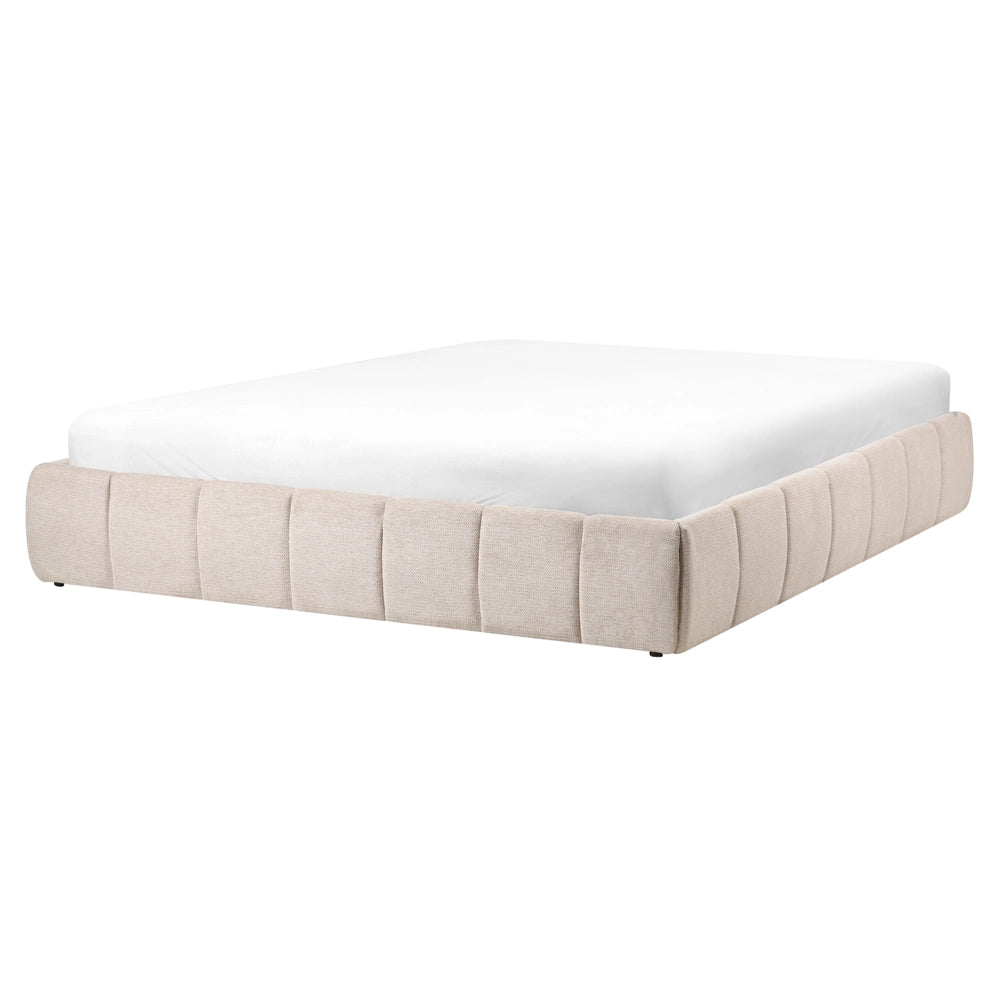 Letto matrimoniale in tessuto beige chiaro, imbottita, con contenitore e panca 160x200 cm design moderno