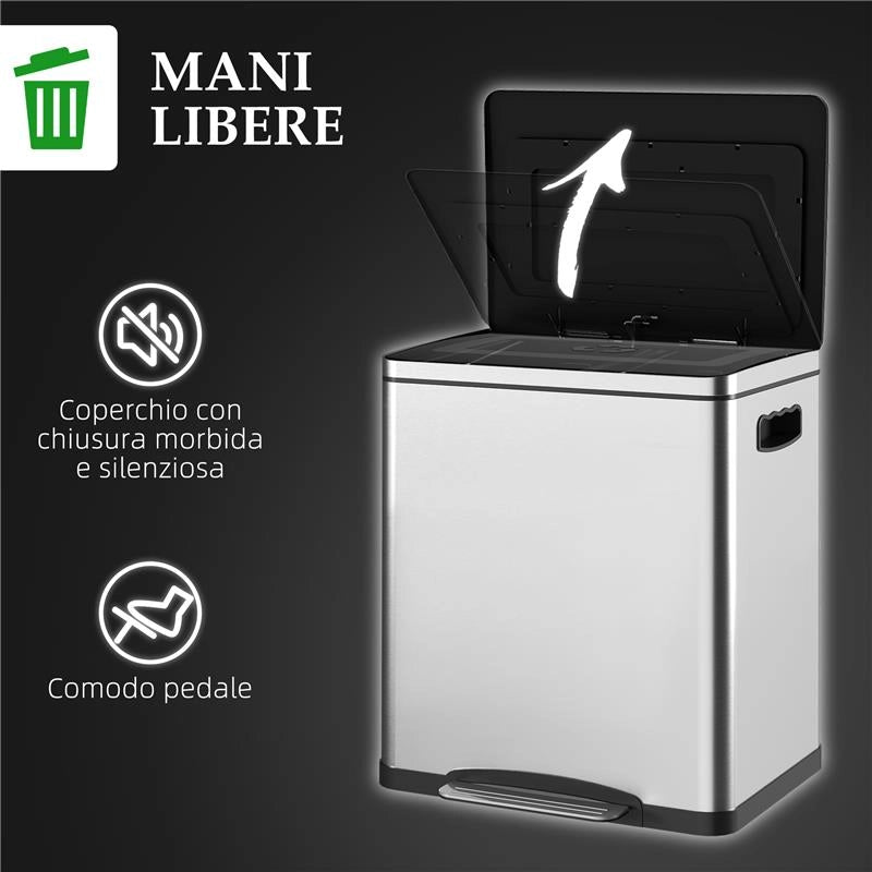 BIDONE IMMONDIZIA A 2 SEZIONI DA 15L A PEDALE CON COPERCHIO SILENZIOSO, IN ACCIAIO INOX E PP, 40X34.8X47.5 CM