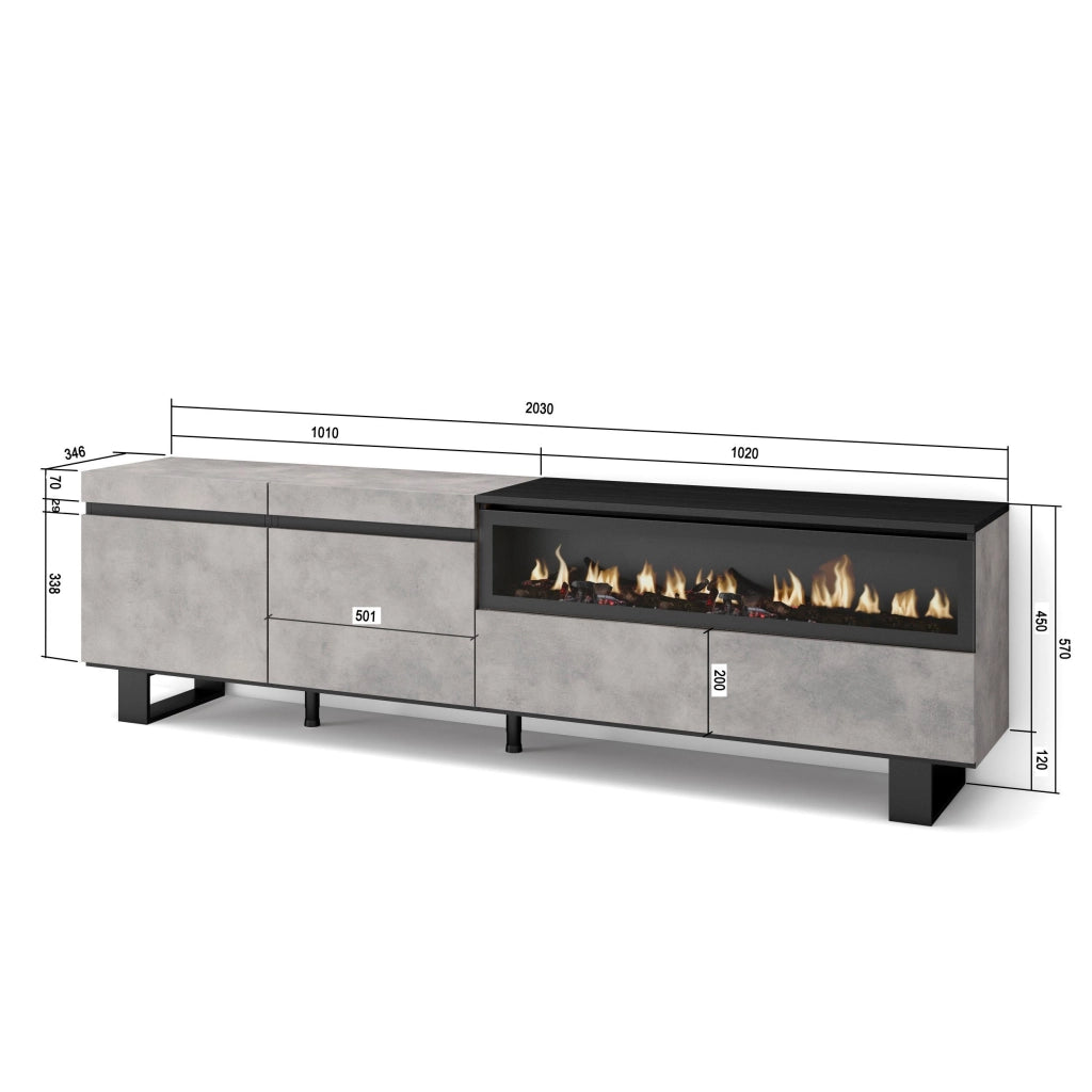 Mobile TV, 200x35x57cm, soggiorno, Per TV fino a 80", Camino elettrico, Design industriale, grigio cemento RF2230