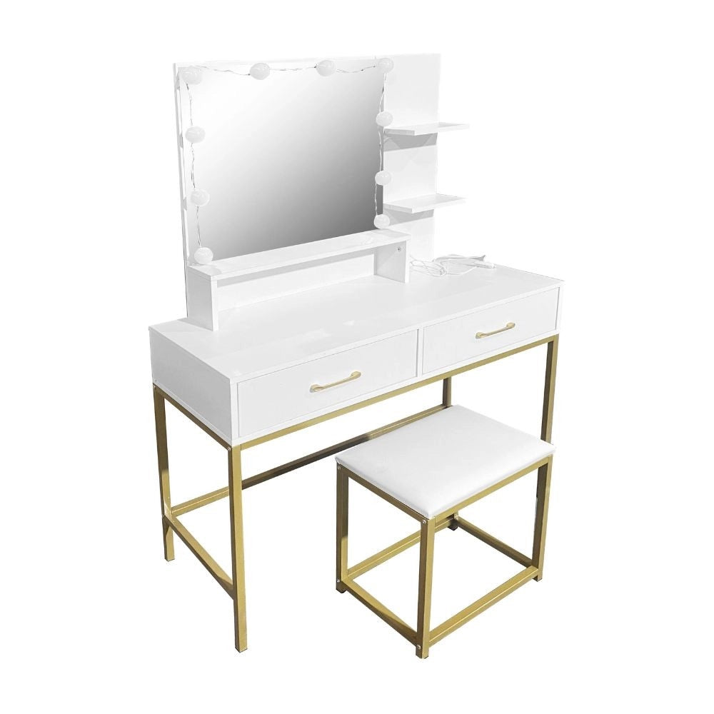 Toeletta da trucco Lunar bianca e oro con LED e sgabello 80x40x145H