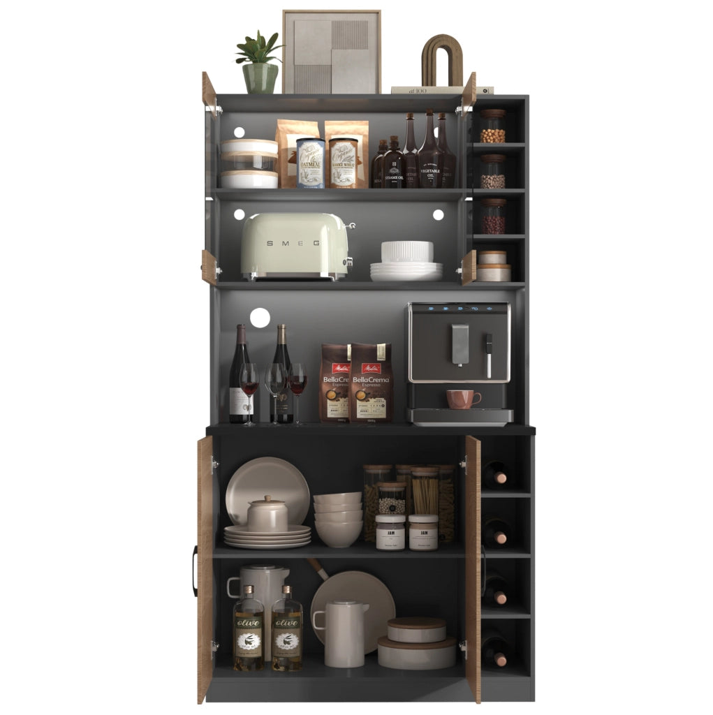 Credenza da cucina 100x47x187 cm grigia e bianca, LED, passacavi, per microonde