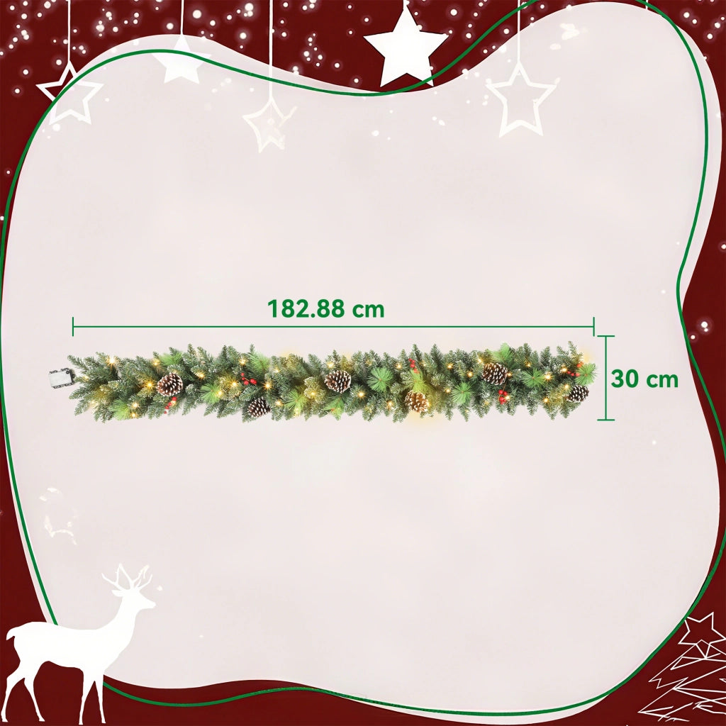 Ghirlanda Natalizia da Interni 180cm con 30 LED Pigne e Bacche