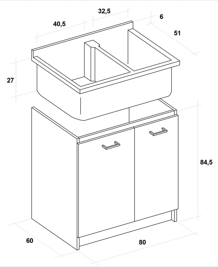 Mobile Lavatoio 80x60x85cm 2 Ante 2 Vasche Asse in Legno Montegrappa Marella Bianco con Cesto