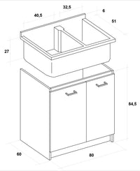 Mobile Lavatoio 80x60x85cm 2 Ante 2 Vasche Asse in Termoplastico Montegrappa Marella Bianco