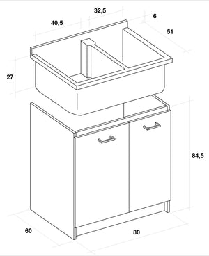 Mobile Lavatoio 80x60x85cm 2 Ante 2 Vasche Asse in Termoplastico Montegrappa Marella Bianco