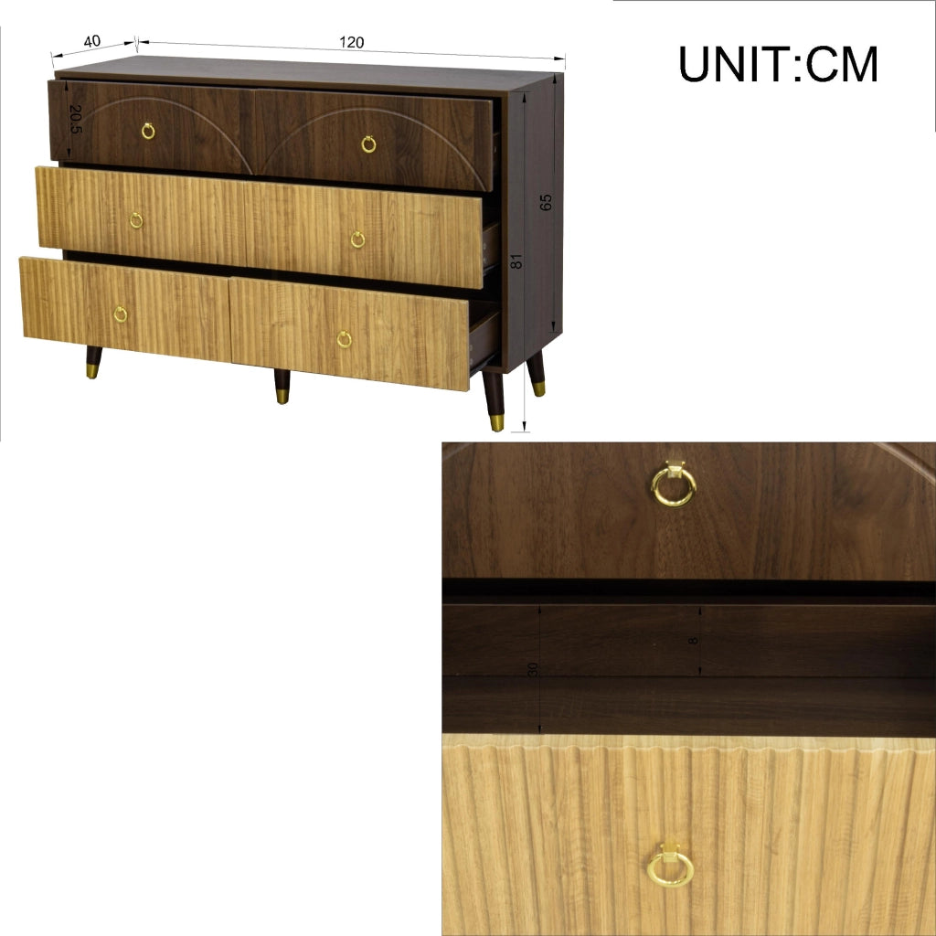 Credenza con 6 Cassetti; Maniglie ad Anello in Metallo Dorato; Stile Vintage; in MDF; 120??40??81 cm; Naturale