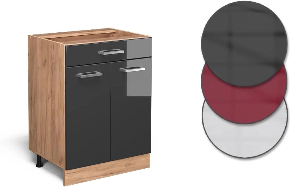 Mobiletto base per cucina R-Line, Antracite lucido, 60 cm con cassetto, senza piano di lavoro, per la libera combinazione all'interno di sistemi cucina modulari