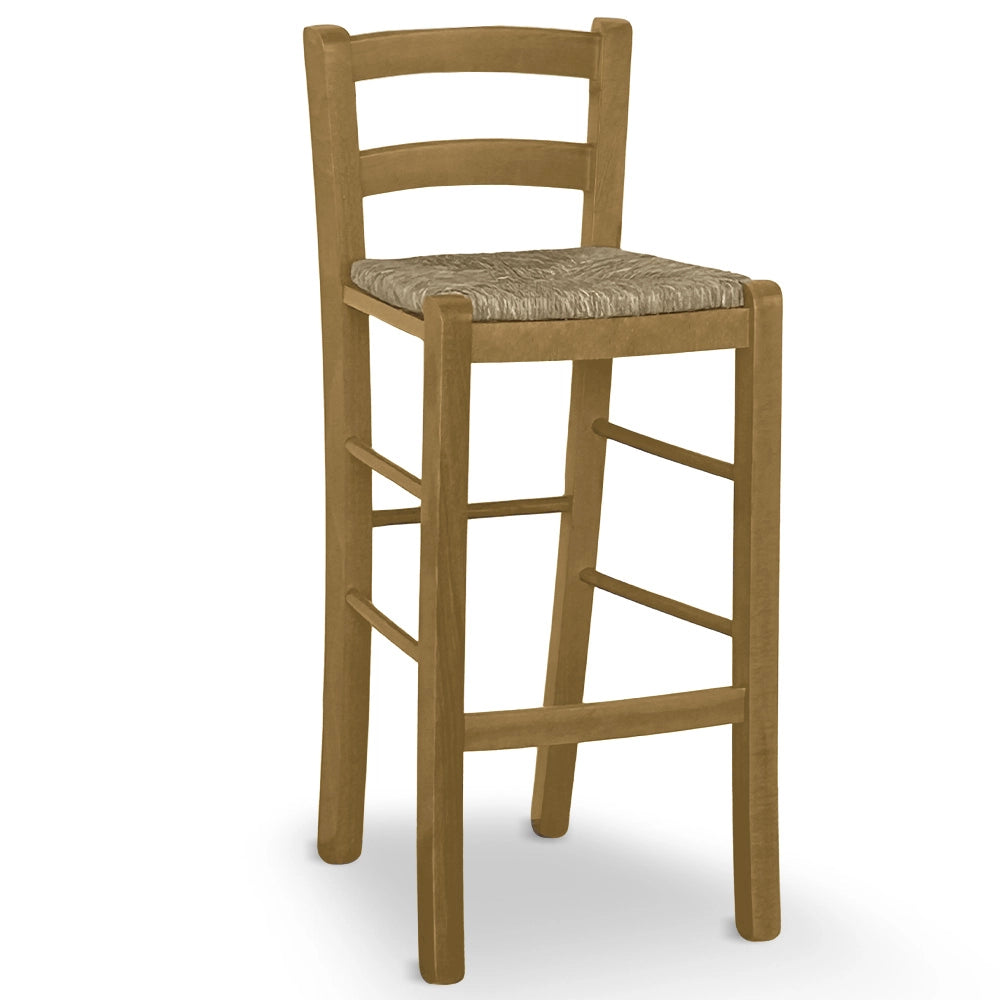 Sgabello in legno in tinta noce chiaro con schienale h 67cm  seduta in paglia