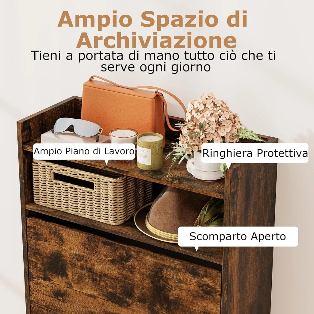 Scarpiera Slim in Legno, Portascarpe a 4 Livelli con 2 Cassetti a Ribalta, con Ripiano Aperto, Mobile Porta Scarpe per Ingresso Corridoio, 60x24x102 cm (Marrone)