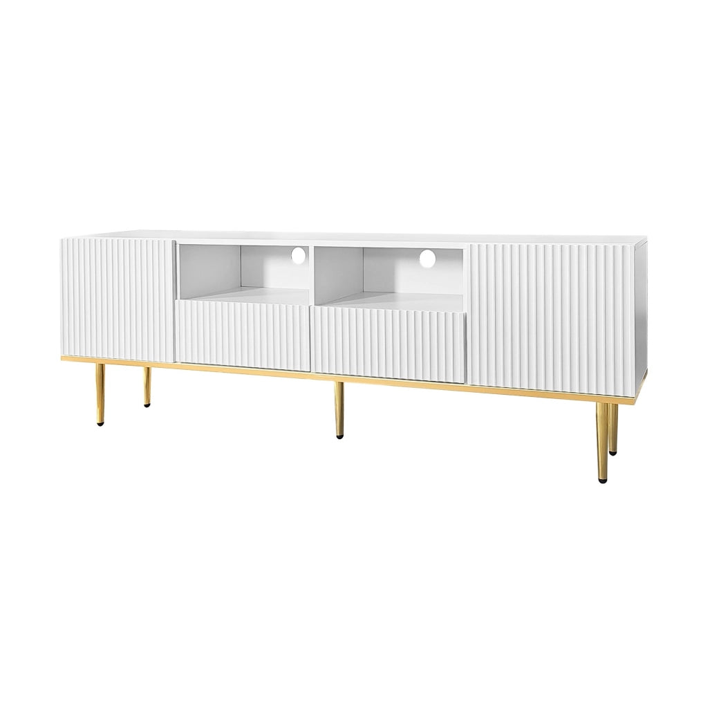 Mobile TV moderno 165 cm con 2 cassetti e 2 vani; dettagli oro; bianco
