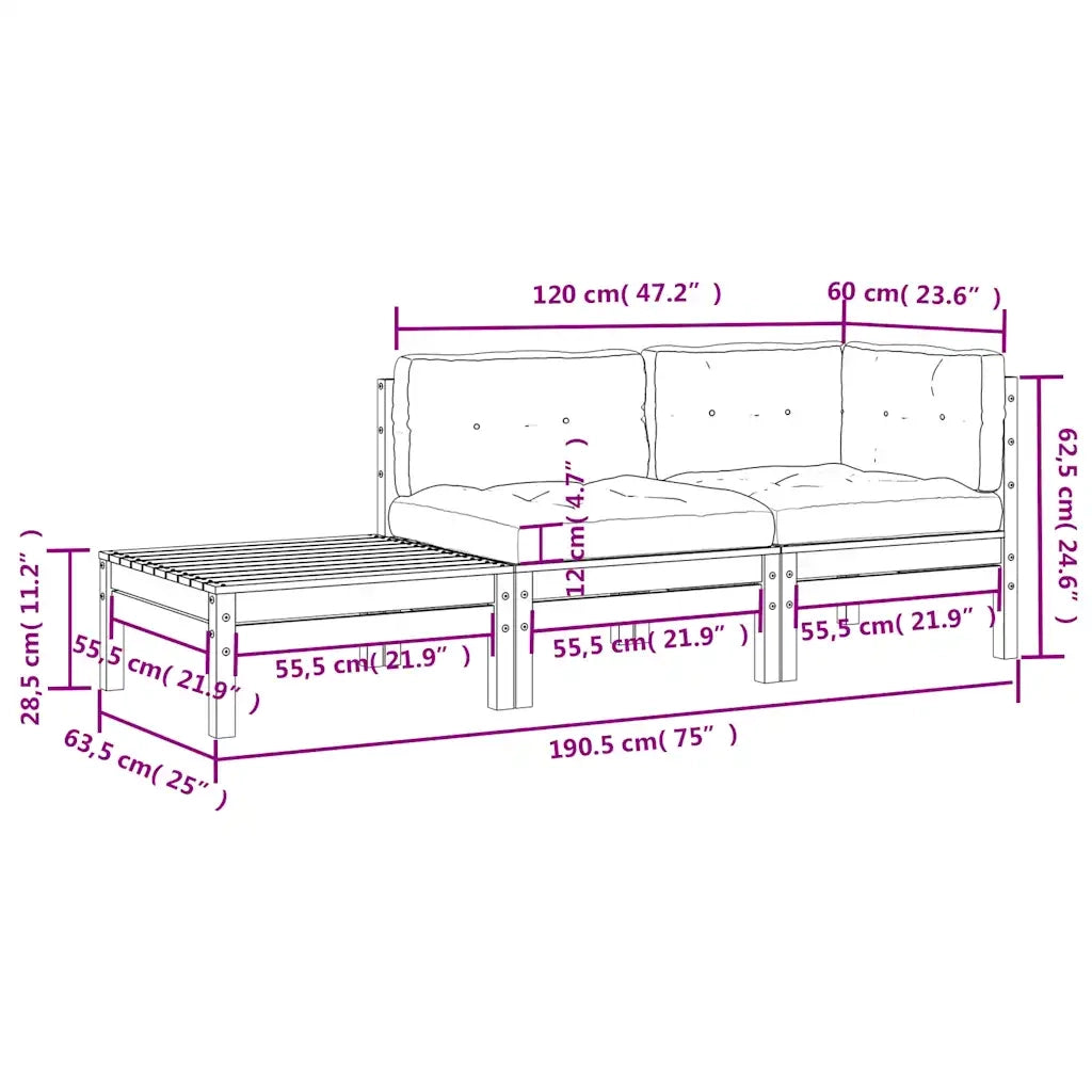 Set Divani da Giardino 3 pz con Cuscini Massello Pino Bianco 806671