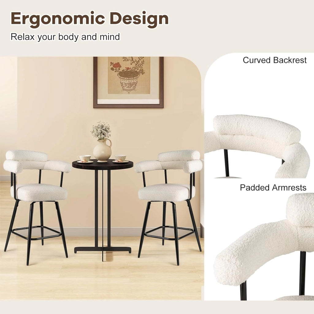 Set di 2 Sgabelli da Bar Girevoli Altezza 69 cm, Sedie Moderne Imbottite con Tessuto Boucle, Schienali Curvi e Gambe in Metallo, Sedie Girevoli per Isola Cucina, Casa, Bianco/Grigio (Bianco)
