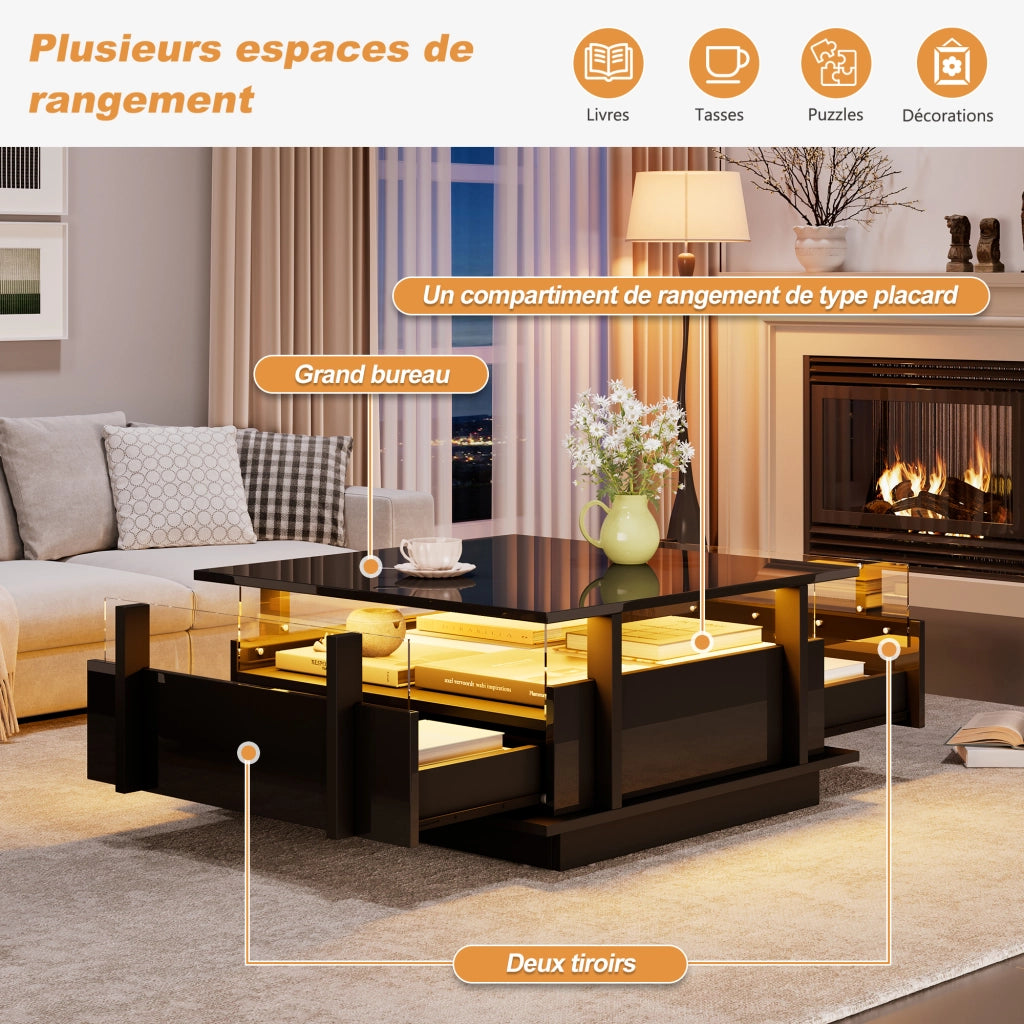 Tavolino da salotto nero lucido 70x70 cm con luci LED e 2 cassetti