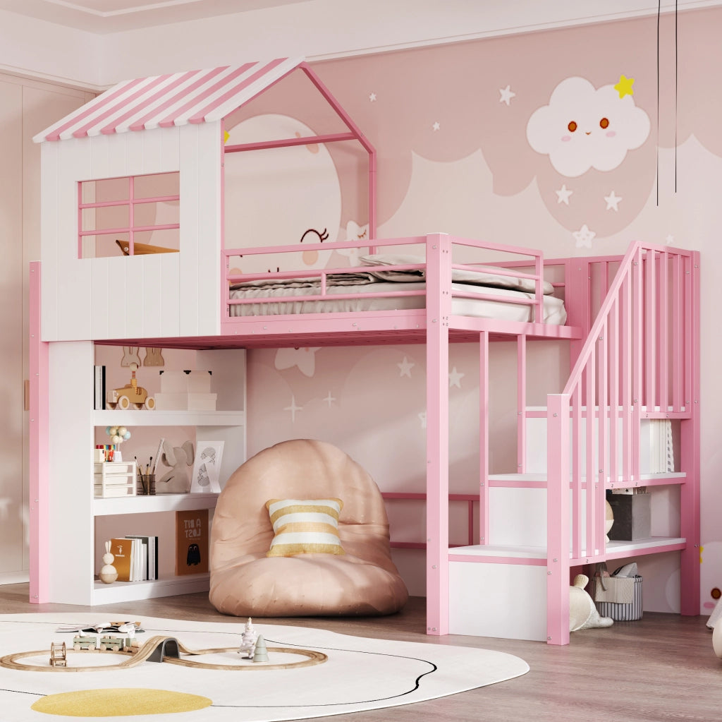 Letto a soppalco 90x200 cm rosa con scala contenitore