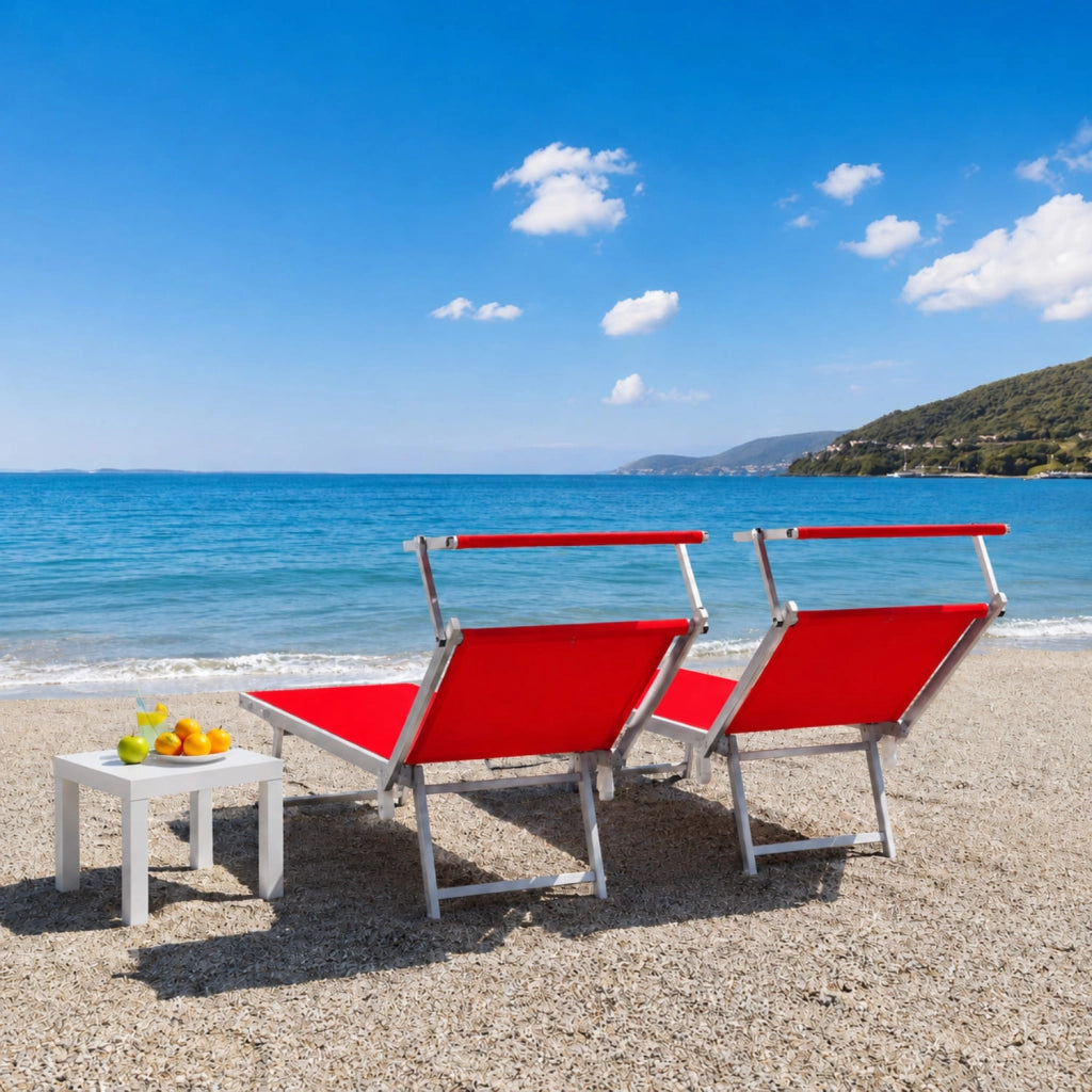 Set 2 Lettini Prendisole Pieghevoli Professionali In Alluminio Leggero Con Tettuccio Parasole Regolabile Sdraio Relax Mare Spiaggia Piscina Giardino Terrazza 182 x 60 x 38 Cm Rosso