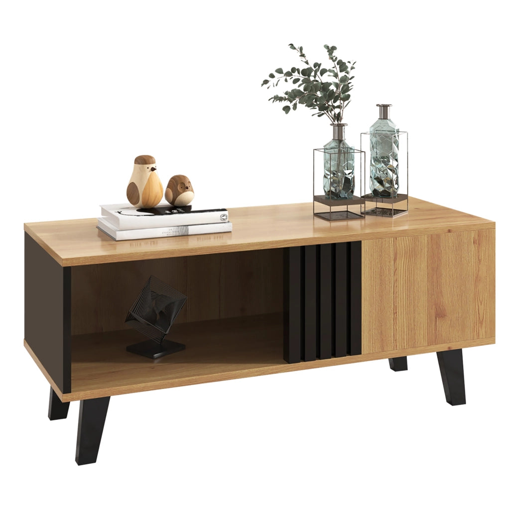 Tavolino da salotto 100x60x45 cm con 3 vani; vetro e pannello truciolare naturale e nero