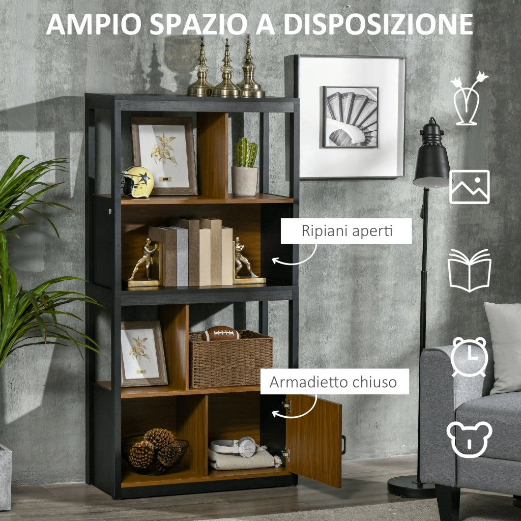 Libreria 4 Livelli con Armadietto ¨C Zephmum ¨C Truciolato, Marrone e Nero, 76.5x30x150 cm