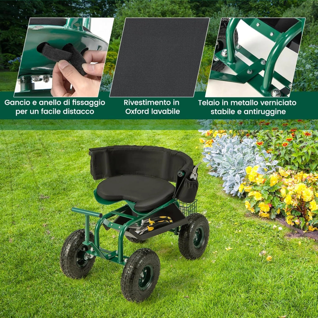 Sgabello per Giardinaggio con Ruote, Carrello da Giardino Regolabile in Altezza con Sedile Girevole a 360, Cuscino, 2 Maniglie di Sterzo e Vassoio Porta Utensili