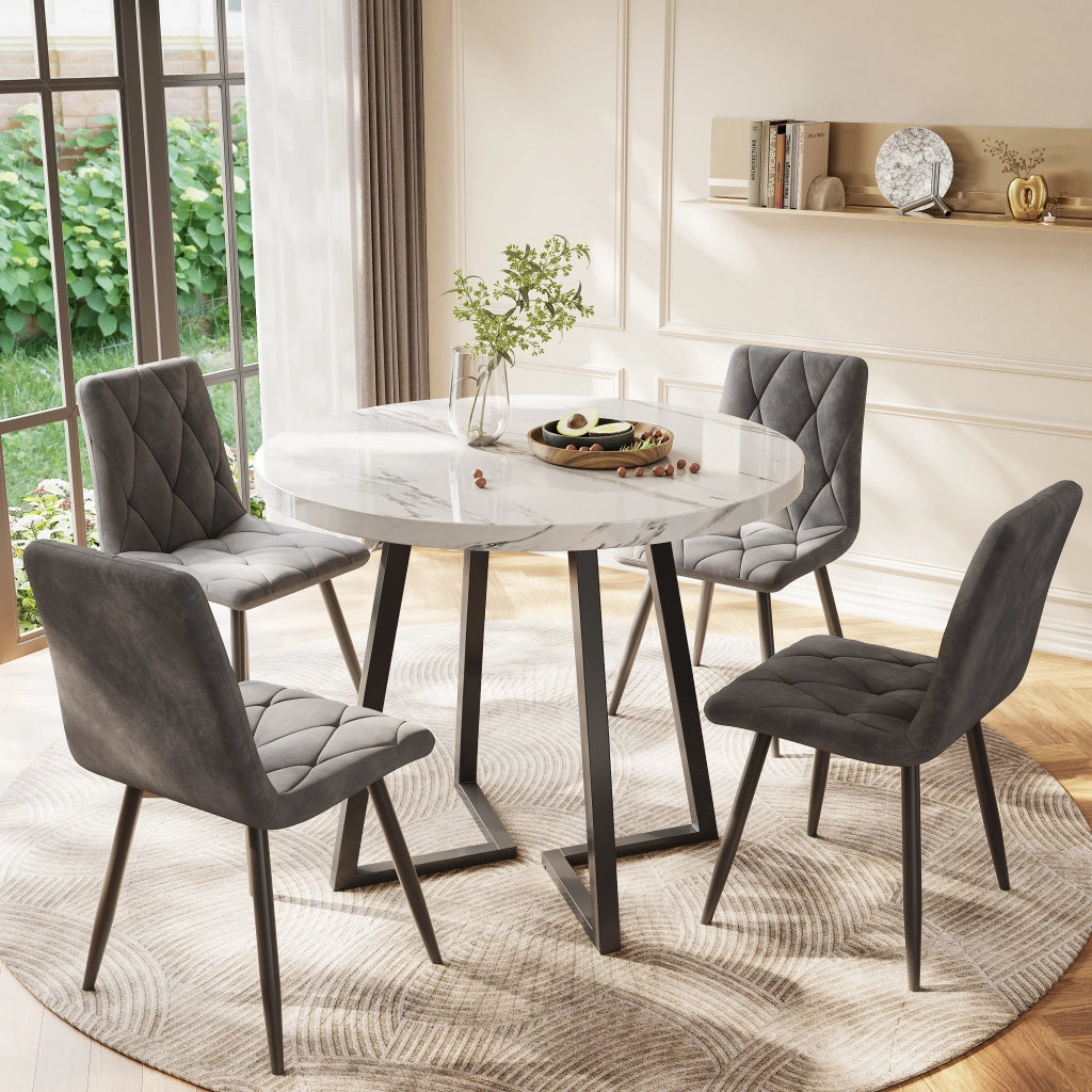 Tavolo da pranzo rotondo in MDF con piano effetto marmo e gambe in metallo per cucina e soggiorno bianco diametro 80 cm