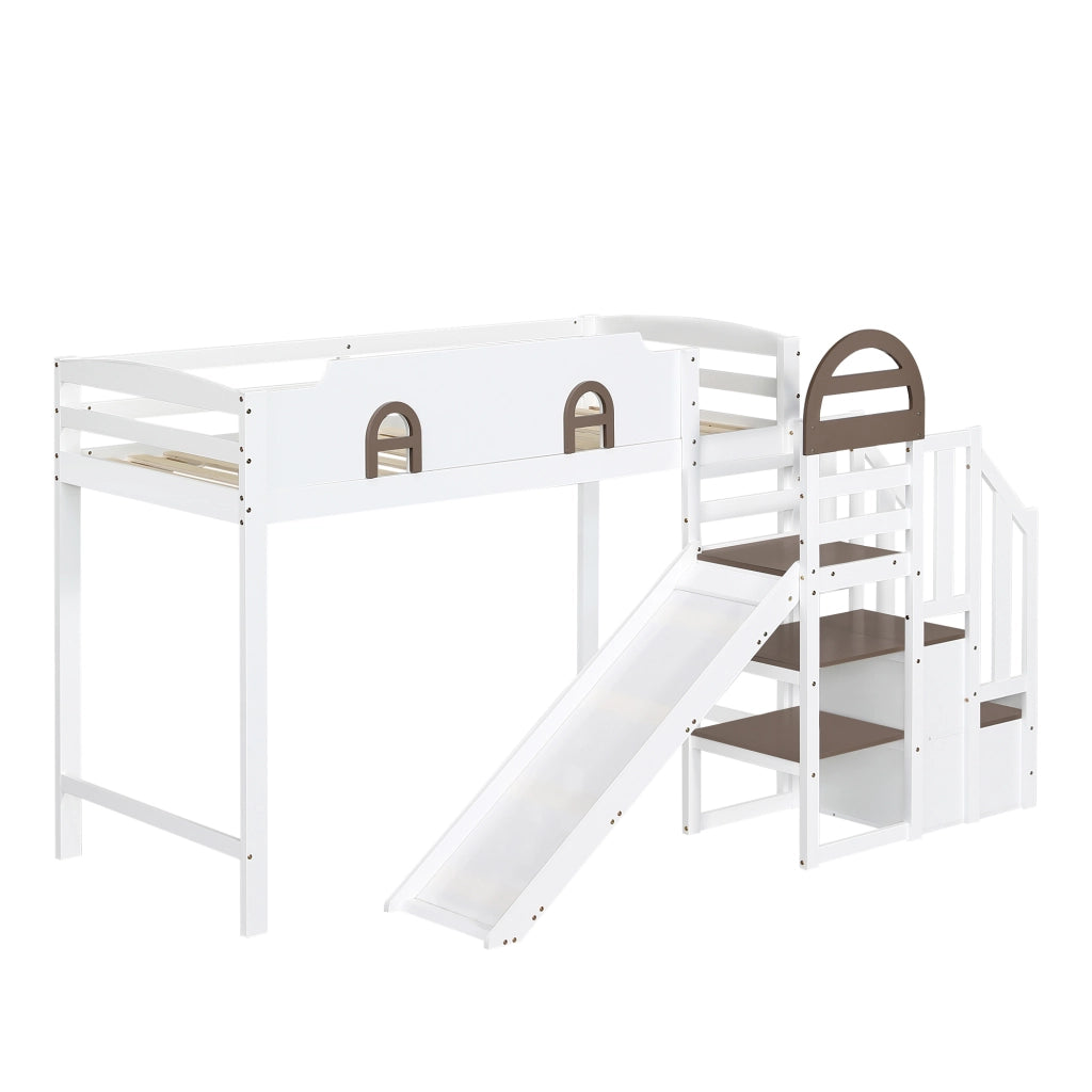 Letto a Castello 90x200 cm - Scivolo; Scala con Corrimano e 2 Armadietti - Bianco