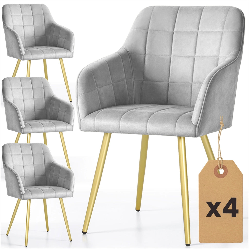 Set di 4 Sedie imbottite con cuciture quadrate LUXANO Grigio gambe oro
