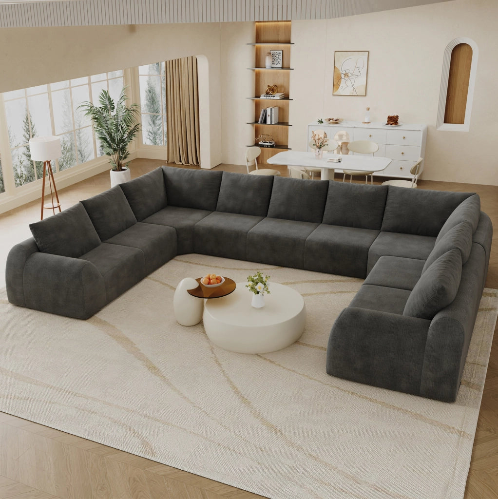Divano a U 411x267x85 cm in tessuto chenille grigio scuro con imbottitura in foam
